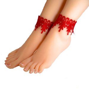 Red Lace Anklets, Red Shoe Accessories, Red Accessories, Red Barefoot Sandals
